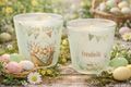 Windlicht Banderole Frohe Ostern Eier im Osterkorb Salbei Personalisiert Tischdeko Votivglas 7,5 cm H 3