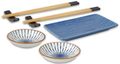 Sushi Geschirr Set für 2 Personen - Servierset mit 1x Sushi-Teller, 2x Dip-Schälchen, 4x Stäbchen, 2x Stäbchenhalter Blau Weiß 1