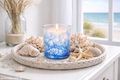 Windlicht Glas Blau Korallen – Teelichtglas maritime Deko Strandhaus Küstendeko Sommer Unterwasserwelt 3