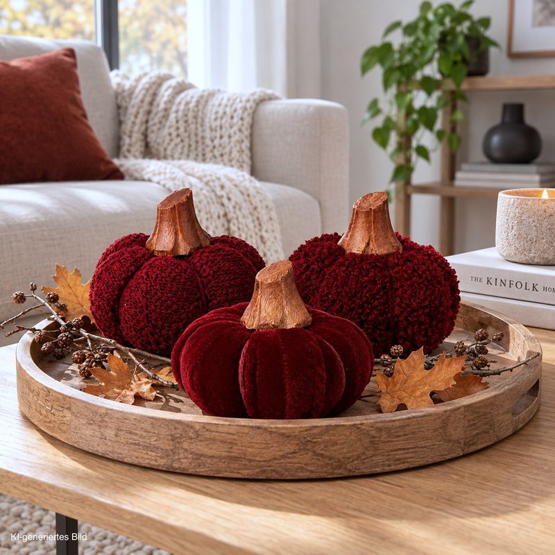 Kürbisse Stoff Bordeaux Weinrot Holzstiel Herbst Deko Tischdeko 9cm 3Stück