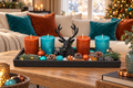 Adventsgesteck Weihnachten Tablett Holz Schwarz Hirsch Kerzen Braun Petrol 40cm 2