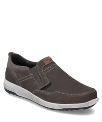 A slip-on in asphalt combination color made of smooth material with elastic band closure. The shoe features a light sole and subtle decorative stitching for a sporty-elegant look.