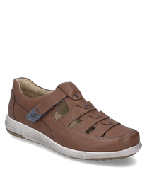 La scarpa bassa in pelle marrone ha una pratica chiusura in velcro. Le caratteristiche speciali sono i tagli laterali e la suola chiara che uniscono comfort e stile.