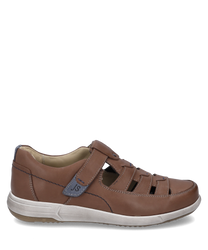 La scarpa bassa in pelle marrone ha una pratica chiusura in velcro. Le caratteristiche speciali sono i tagli laterali e la suola chiara che uniscono comfort e stile.