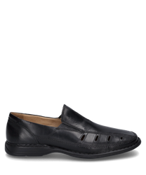 Elegante zapatilla negra de cuero con superficie lisa y orificios laterales de ventilación. El zapato cuenta con un práctico elástico para poner y quitar fácilmente ideal para una apariencia cómoda y elegante.