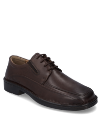 The shoe is made of smooth dark brown leather and features an elegant lacing. The shoe is characterized by its simple seam design and stable black sole.