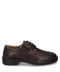 The shoe is made of smooth dark brown leather and features an elegant lacing. The shoe is characterized by its simple seam design and stable black sole.