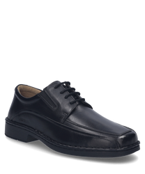 El zapato de media altura está hecho de cuero negro y cuenta con un clásico sistema de cordones. El diseño es sencillo y elegante ideal para ocasiones formales.