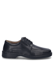 El zapato de media altura está hecho de cuero negro y cuenta con un clásico sistema de cordones. El diseño es sencillo y elegante ideal para ocasiones formales.