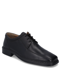 The shoe is made of black leather and features a classic lacing. The simple design is complemented by fine stitching and a subtle heel.