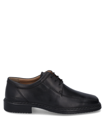 The shoe is made of black leather and features a classic lacing. The simple design is complemented by fine stitching and a subtle heel.