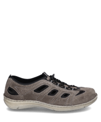 La scarpa bassa in combinazione grigia si distingue per la morbida tomaia in suede con tagli alla moda. È dotata di una chiusura con lacci e di una suola chiara che garantisce comfort e stile.