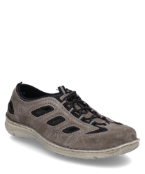 La scarpa bassa in combinazione grigia si distingue per la morbida tomaia in suede con tagli alla moda. È dotata di una chiusura con lacci e di una suola chiara che garantisce comfort e stile.