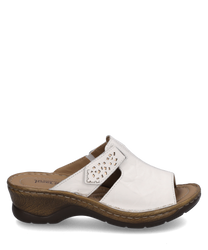 El zueco en blanco está hecho de cuero y cuenta con un práctico cierre de velcro. Las características especiales son el diseño perforado y la cómoda suela de aspecto de madera.