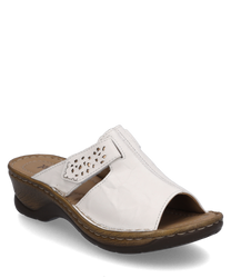 El zueco en blanco está hecho de cuero y cuenta con un práctico cierre de velcro. Las características especiales son el diseño perforado y la cómoda suela de aspecto de madera.
