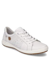 The sneaker shown is made of white leather and features a simple elegant design. The light laces provide a classic main closure that ensures a comfortable fit. Notable features include subtle perforations on the side and a small brown logo emblem.
