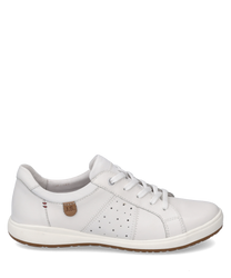 The sneaker shown is made of white leather and features a simple elegant design. The light laces provide a classic main closure that ensures a comfortable fit. Notable features include subtle perforations on the side and a small brown logo emblem.
