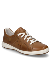 The sneaker in camel color is made of high-quality leather with a smooth surface. It features a main closure with laces that are white providing a nice contrast to the warm color of the leather. Particularly striking are the fine perforations on the sides 