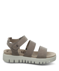 Beige sandal with Velcro closure made of smooth leather. Thick white profile sole ensures comfort and style.