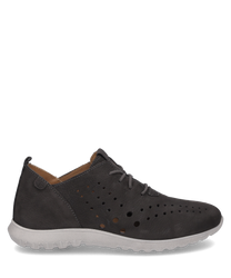 Donkere sneaker met veters gemaakt van glad leer. De schoen heeft een geperforeerd patroon aan de zijkanten voor betere ventilatie en heeft een lichte zool voor extra contrast.