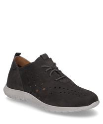 Donkere sneaker met veters gemaakt van glad leer. De schoen heeft een geperforeerd patroon aan de zijkanten voor betere ventilatie en heeft een lichte zool voor extra contrast.