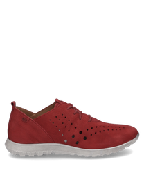 Roter Sneaker mit Schnürung aus glattem Leder gefertigt. Besondere Merkmale sind die perforierte Außenseite für Atmungsaktivität und eine weiße profilierte Sohle für besseren Halt.