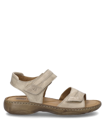 Die abgebildete Sandale ist beige und aus einem glatten hochwertigen Material gefertigt. Sie verfügt über einen praktischen Klettverschluss der für einfaches An- und Ausziehen sorgt.