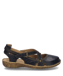 The black leather sandal features a buckle closure and contrasting stitching. The sole is textured and comes in a natural brown tone.