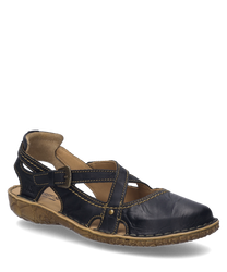 The black leather sandal features a buckle closure and contrasting stitching. The sole is textured and comes in a natural brown tone.