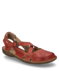 Sandali rossi in pelle con fibbia decorativa e suola comoda e decorata. I sandali hanno una punta aperta e una robusta cucitura che garantisce una maggiore durata.