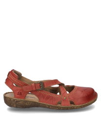 Sandali rossi in pelle con fibbia decorativa e suola comoda e decorata. I sandali hanno una punta aperta e una robusta cucitura che garantisce una maggiore durata.