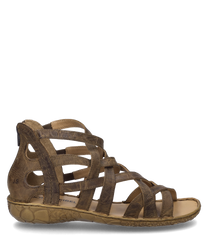 Sandalo marrone in pelle con design a cinturini e chiusura a strappo. Suola strutturata e comoda per un supporto ottimale.