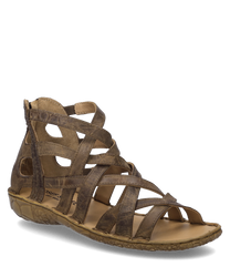 Sandalo marrone in pelle con design a cinturini e chiusura a strappo. Suola strutturata e comoda per un supporto ottimale.
