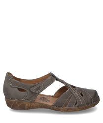 Gray sandal with Velcro closure made of soft leather. The sandal features decorative stitching and a patterned sole that provides additional grip.