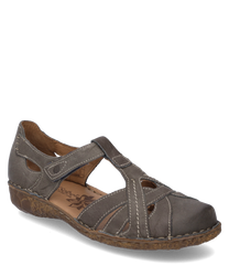 Gray sandal with Velcro closure made of soft leather. The sandal features decorative stitching and a patterned sole that provides additional grip.