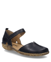 La sandale noire est en cuir lisse et dispose d'une fermeture velcro. La semelle présente un motif floral ce qui en fait un élément accrocheur.
