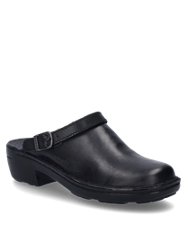 Il clog nero è realizzato in pelle liscia ed è dotato di una fibbia decorativa come chiusura. La scarpa ha una suola stabile e leggermente rialzata per un comfort aggiuntivo.
