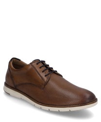 La chaussure demi-saison de couleur camel combinée est en cuir lisse avec une fine perforation à l'avant. Elle dispose d'un laçage discret et d'une semelle en caoutchouc claire qui lui confère un look moderne.