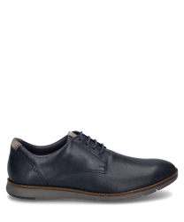 The half shoe in ocean-combi color is made of smooth dark blue leather with a fine perforated texture on the outside. It features lacing and a flat gray sole that gives the shoe an elegant look.