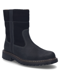 Botte noire au design robuste fabriquée en cuir et dotée d'une fermeture éclair sur le côté. La botte présente une couture marquée et une semelle profilée pour une meilleure adhérence.