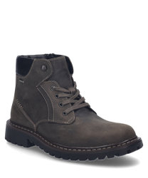 De enkellaars is gemaakt van vulcano-gecombineerd materiaal en heeft een robuuste donkergrijze kleur. Hij heeft een praktische rits en is versierd met decoratieve stiksels.