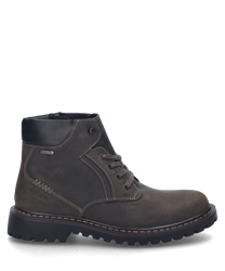 De enkellaars is gemaakt van vulcano-gecombineerd materiaal en heeft een robuuste donkergrijze kleur. Hij heeft een praktische rits en is versierd met decoratieve stiksels.