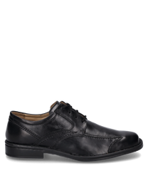 Chaussure élégante en cuir noir avec lacets. La chaussure se distingue par sa couture fine et sa forme classique idéale pour des occasions formelles.
