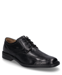 Chaussure élégante en cuir noir avec lacets. La chaussure se distingue par sa couture fine et sa forme classique idéale pour des occasions formelles.