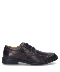 Eleganter Halbschuh mit Schnürung aus dunkelbraunem Leder. Der Schuh hat eine glatte Oberfläche dezente Ziernähte und eine robuste Sohle.