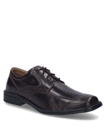 Eleganter Halbschuh mit Schnürung aus dunkelbraunem Leder. Der Schuh hat eine glatte Oberfläche dezente Ziernähte und eine robuste Sohle.