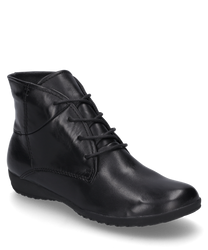 La bota negra de cuero presenta un elegante cordón y un aspecto moderno y sencillo. El material liso y las costuras precisas le dan al zapato un acabado de alta calidad.