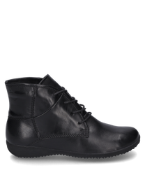 La bota negra de cuero presenta un elegante cordón y un aspecto moderno y sencillo. El material liso y las costuras precisas le dan al zapato un acabado de alta calidad.