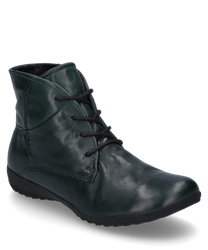 The ankle boot in petrol color is made of glossy leather and features an elegant lacing. The shoe has a smooth surface and a subtle seam detailing that provides a stylish look.
