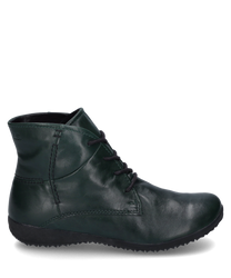 The ankle boot in petrol color is made of glossy leather and features an elegant lacing. The shoe has a smooth surface and a subtle seam detailing that provides a stylish look.